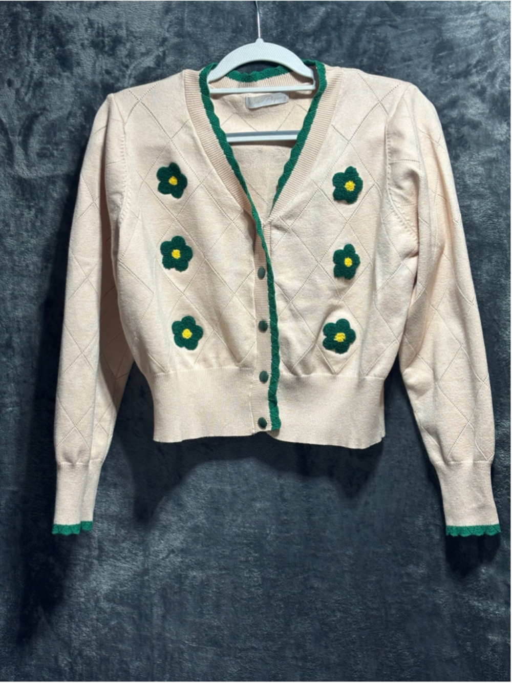 Belle Poque Floral Argyle Cropped Cardigan Sweater Beige Green Size XL